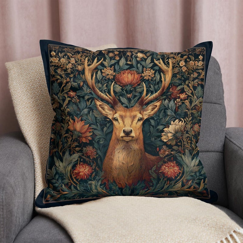 RBAFAO William Morris Inspired Abstract Vintage Floral Design Throw Pillow Covers Home Decor Art Pillowcase Cushion Cover for Bed Sofa Living Room, Car Indoor and Outdoor (The Deer, 18x18inches) - Image 3